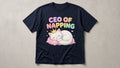 Navy CEO of Napping tee with pink-to-yellow bubble letters and crowned sleepy cat