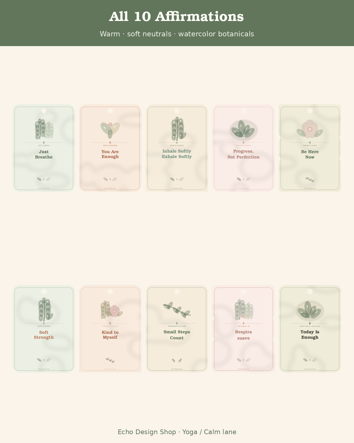 Soft Affirmation Gift Tags — all 10 warm affirmations with botanicals