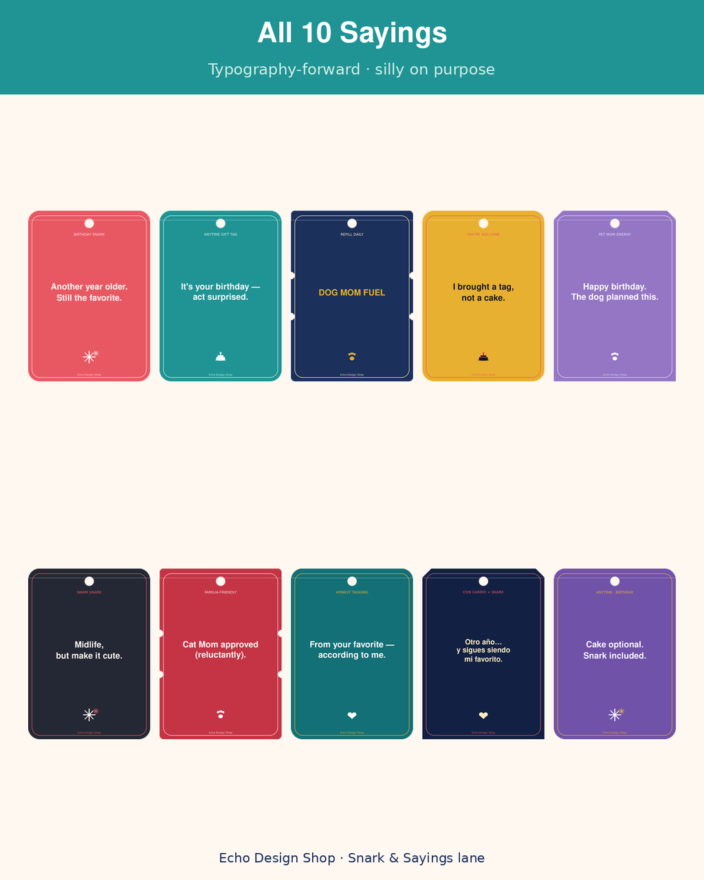 Sarcastic Gift Tags — all 10 typography-forward sayings
