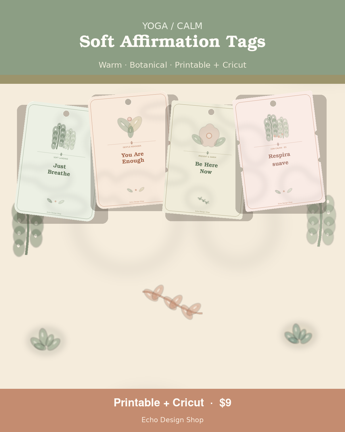 Soft Affirmation Gift Tags — Yoga / Calm botanical listing main 1200x1500