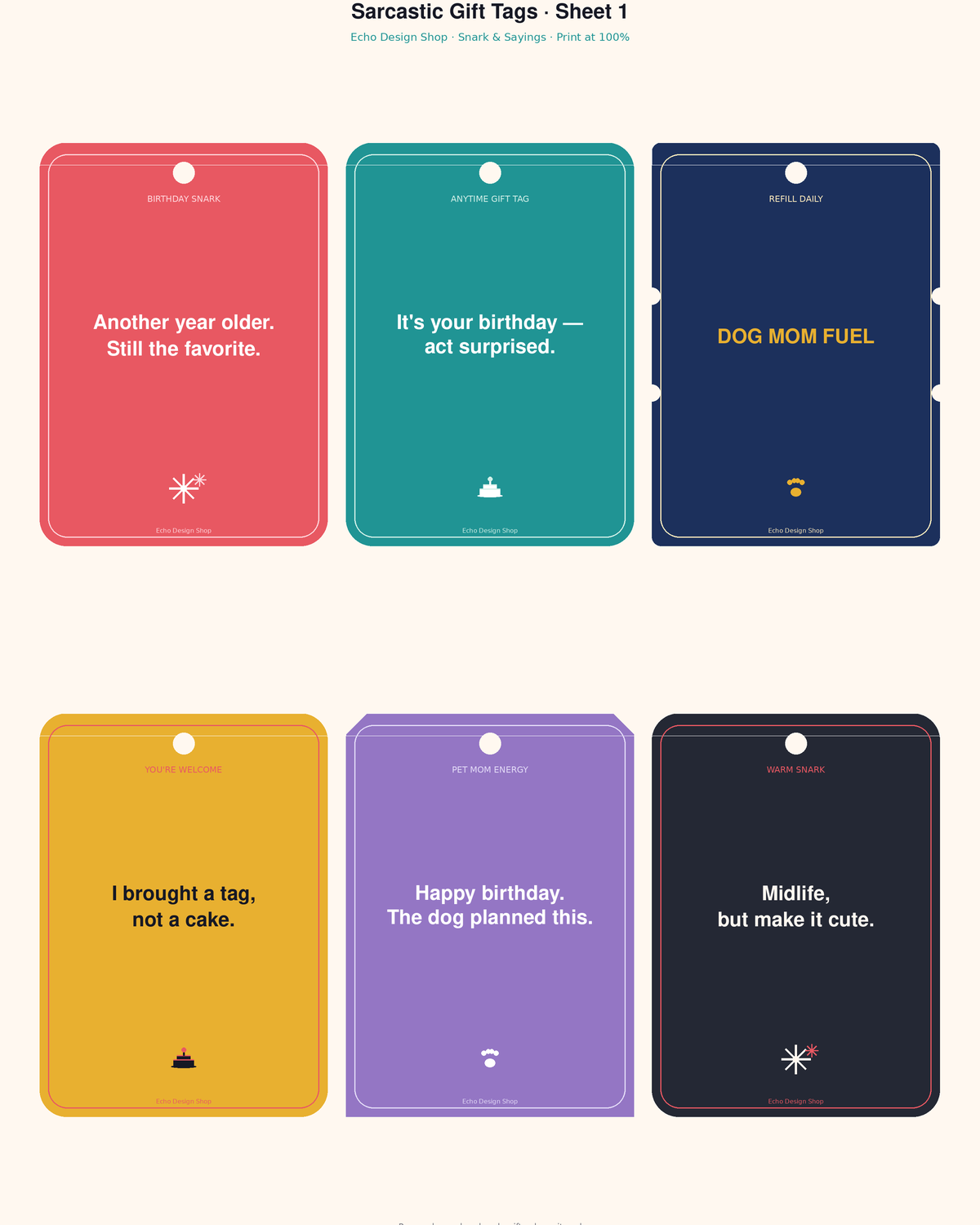 Sarcastic Gift Tags — print sheet 1 preview