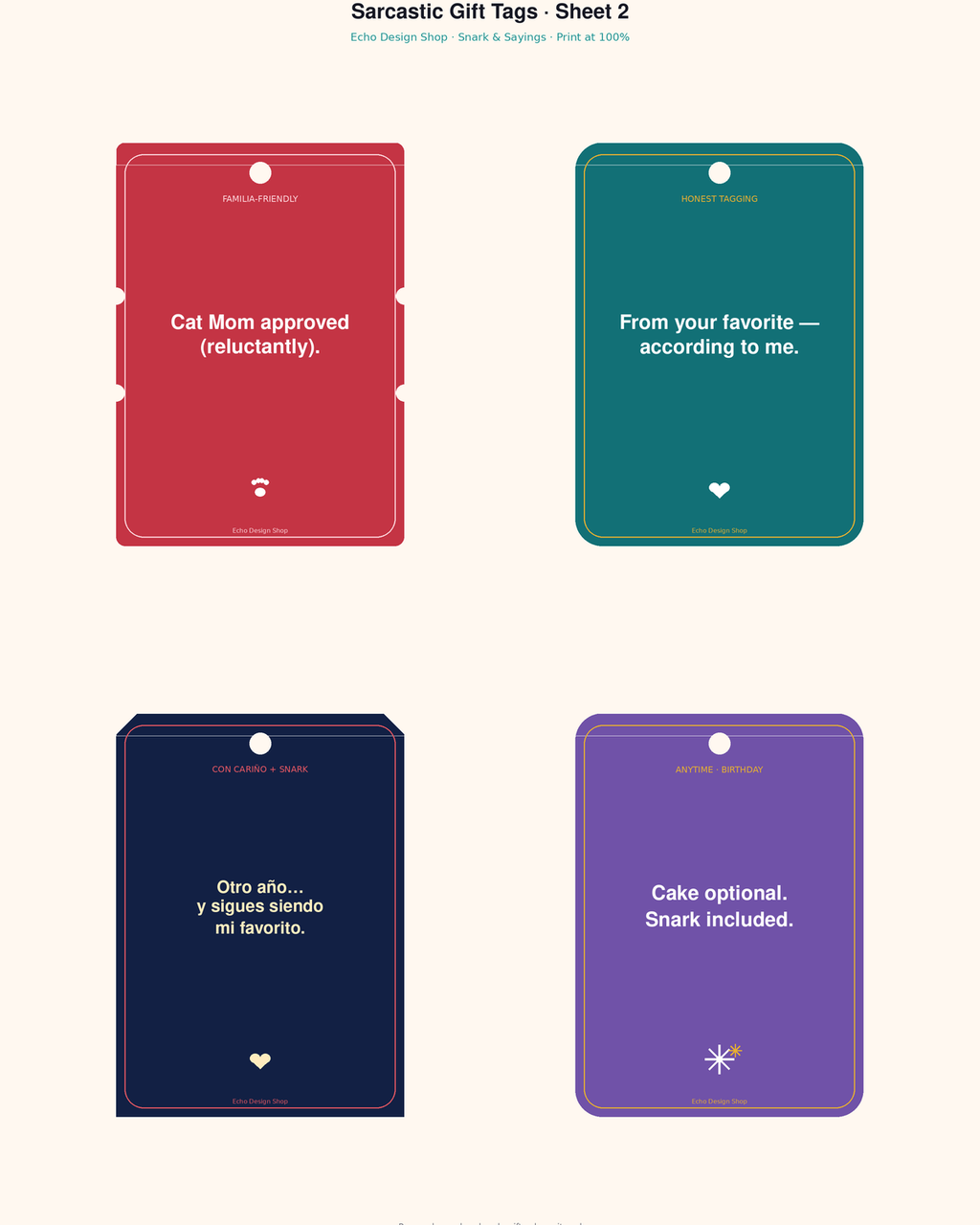 Sarcastic Gift Tags — print sheet 2 preview